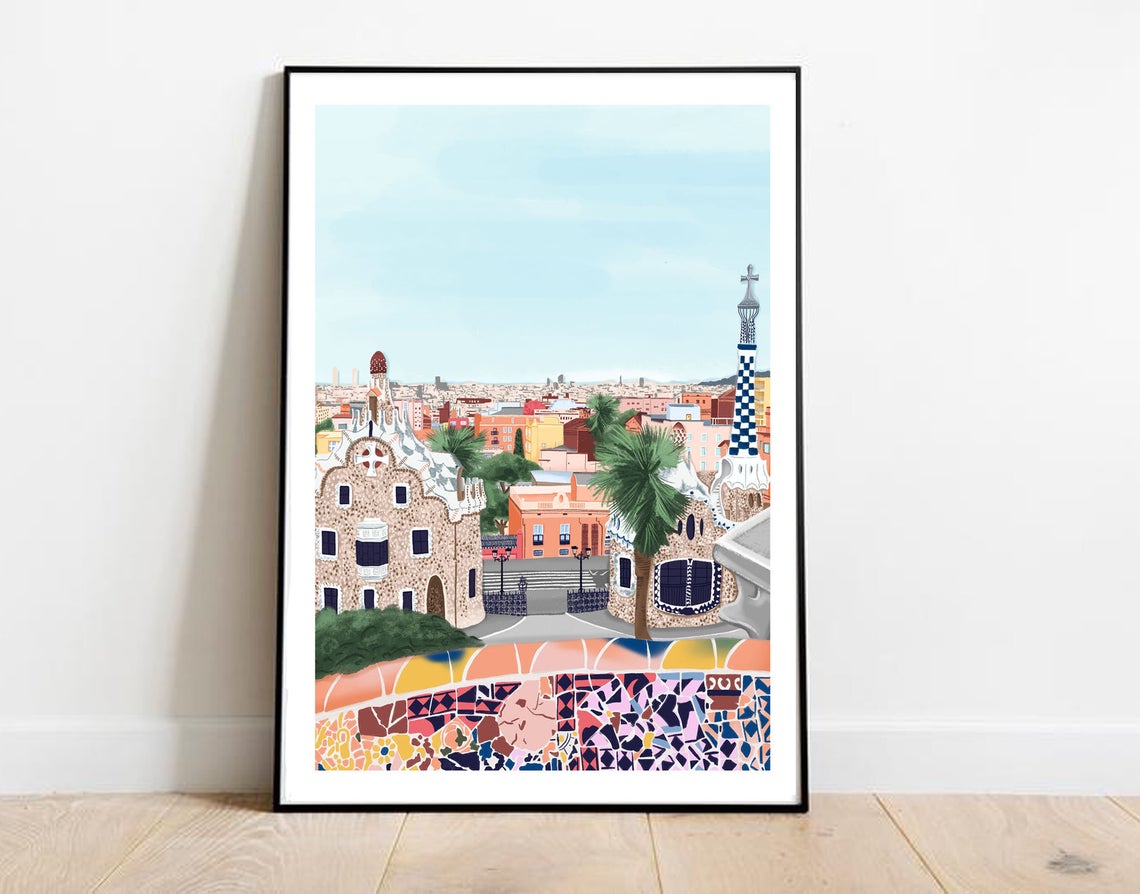 Barcelona City Print, Barcelona Poster, Barcelona Wall Decor, Barcelona Park Guell Art, Barcelona Home Decor