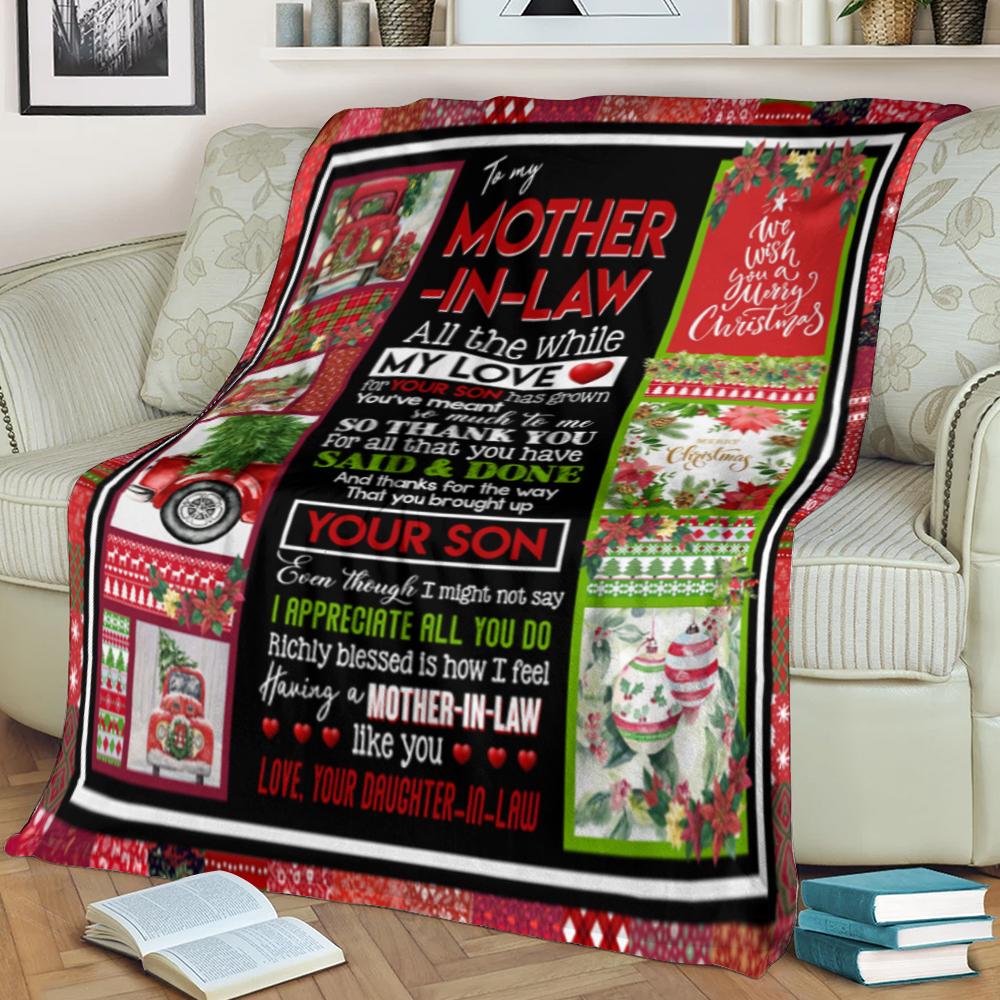 To My Mother-In-Law All The White My Love For Your Son Has Grown Merry Christmas Fleece Blanket Home Decor Bedding Couch Sofa Soft And Comfy Cozy