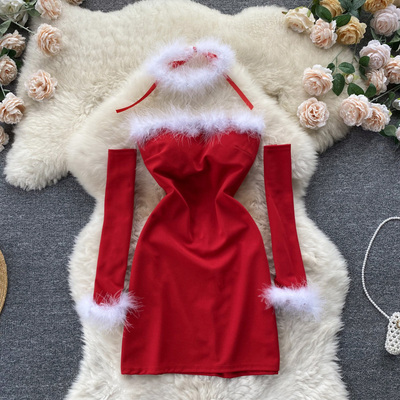 Women Sexy Christmas Dress For New Year 2023 Strapless Backless Furry Bodycon Mini Short Dresses Red Party Dress Femme Robes alx