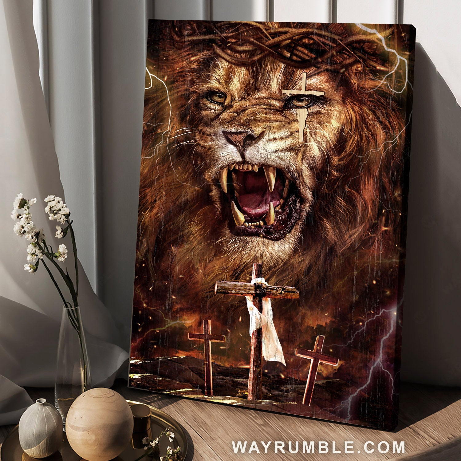 Awesome Lion Head, Lion Of Judah, Crown Of Thorns, Three Wooden Crosses – Jesus Portrait Canvas Prints, Christian Wall Art