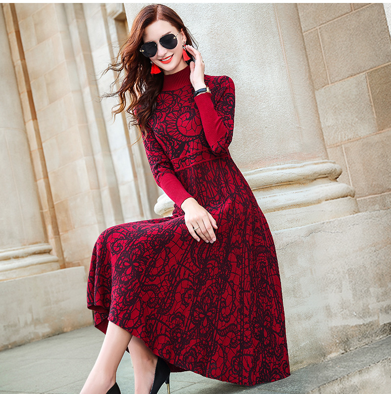 ZUOMAN Red autumn/winter 2022 new turtle neck long sleeve cultivate one’s temperament sweater knitting dress knee-length dress alx