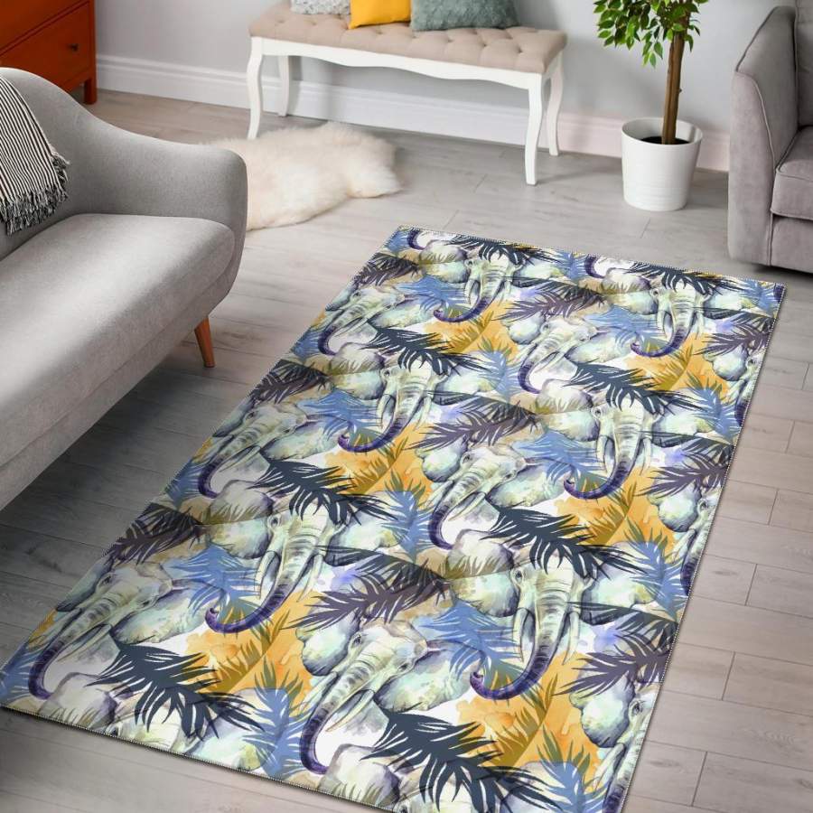 Tropical Palm Leave Elephant Print Area Rug