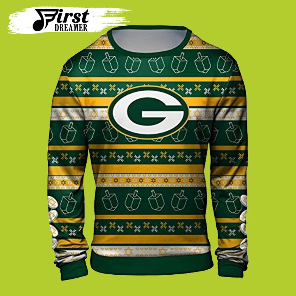 Men Hanukkah Green Bay Packers Gift For Fan Ugly Wool Sweater Christmas Crew Neck Sweater