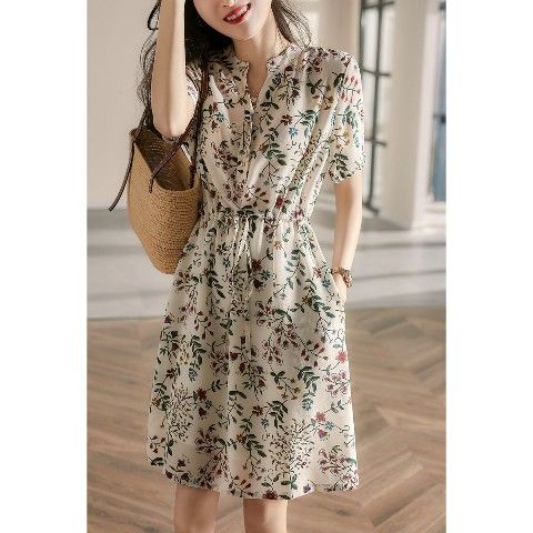 2021 New Ladies Short Sleeve Printed Drawstring Lace Chiffon Fashion Chic Floral Ladies Mini Dress Gothic Vestidos dress D153 alx