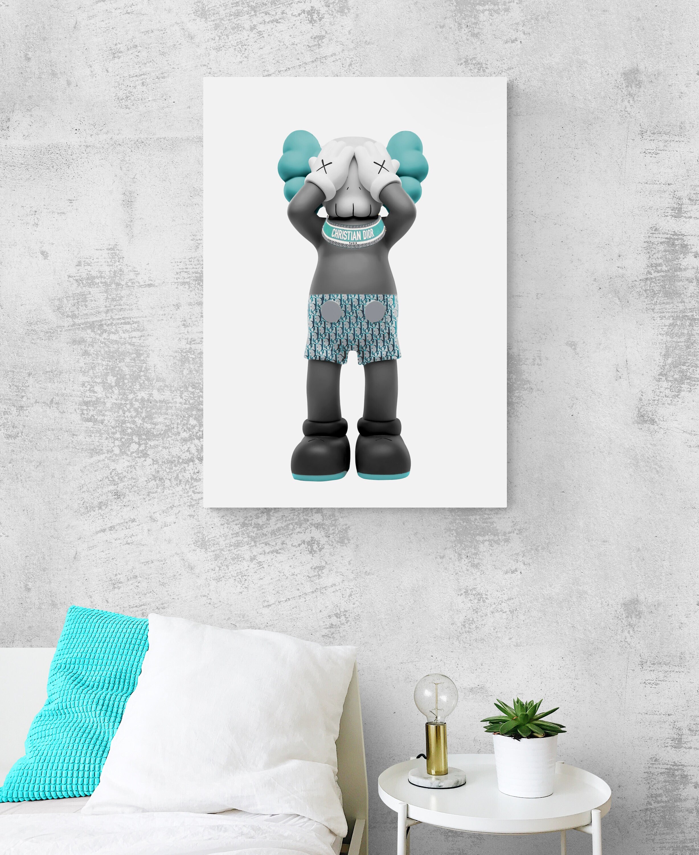 Kaws Canvas Wall Art, Kaws “See No Evil” Teal Wall Art for Home Decor, Unique & Exclusive Kaws Statue Street Art