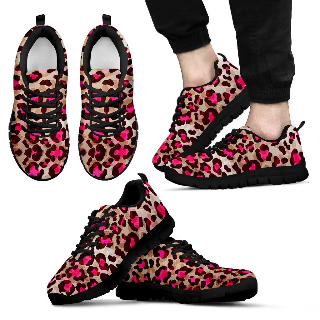 Pink Dot Cheetah Leopard Pattern Print Black Sneaker Shoes For Men Women