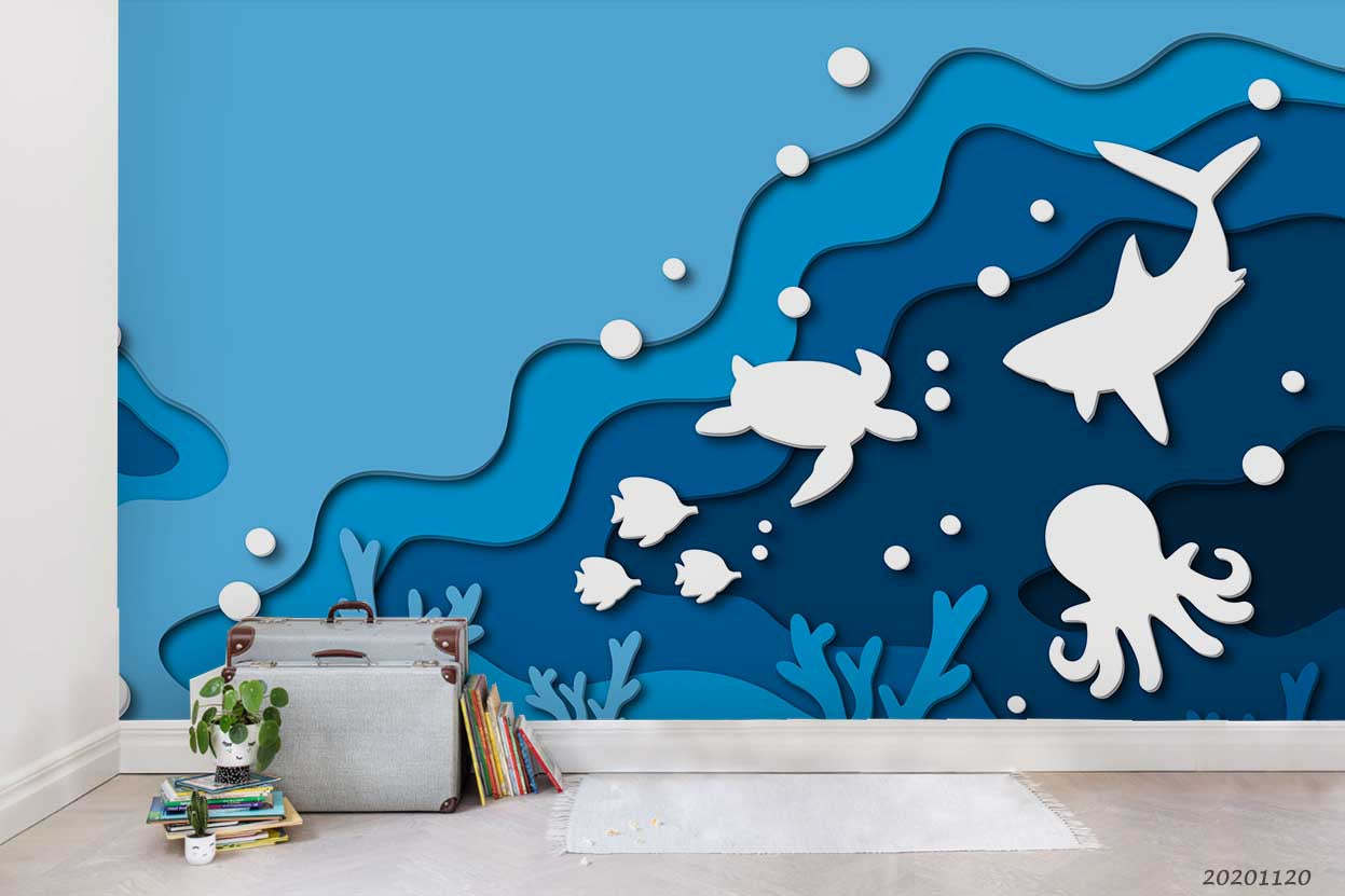 3D Cartoon Blue Ocean Seaweed Sea Turtle Octopus Shark Wall Mural Wallpaper Lxl