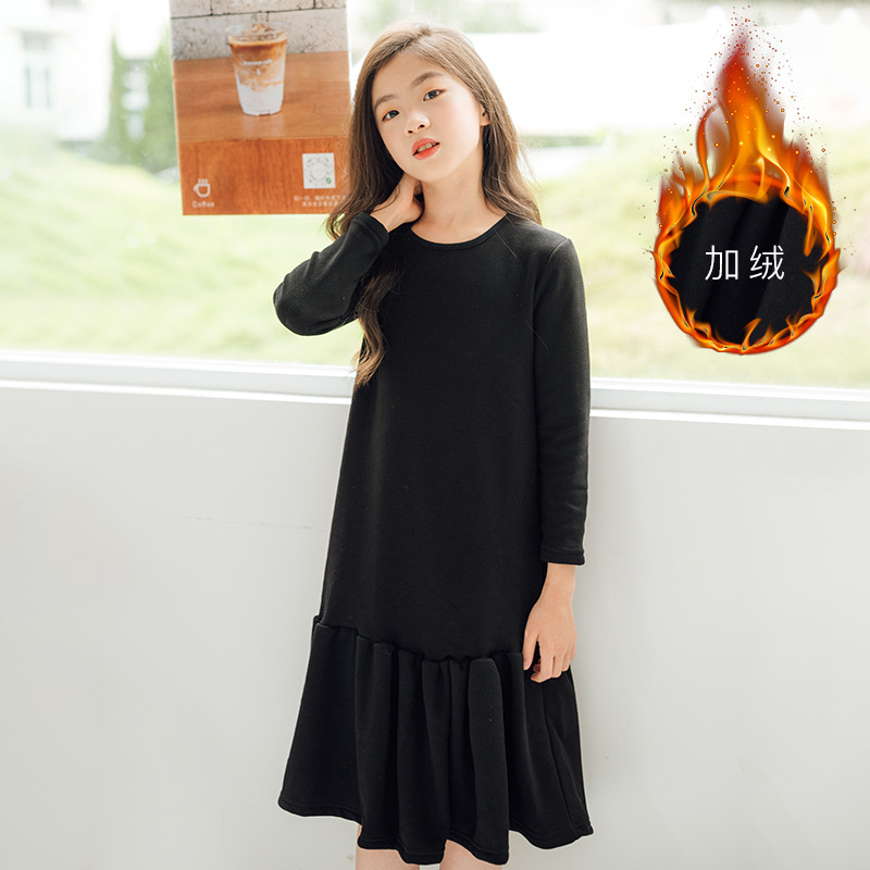 Teen Girls Autumn Dress Long Sleeve Fleece Mermaid Dresses for Party Show Princess Ball Gown Clothing Black Color 6-16 Year Old alx