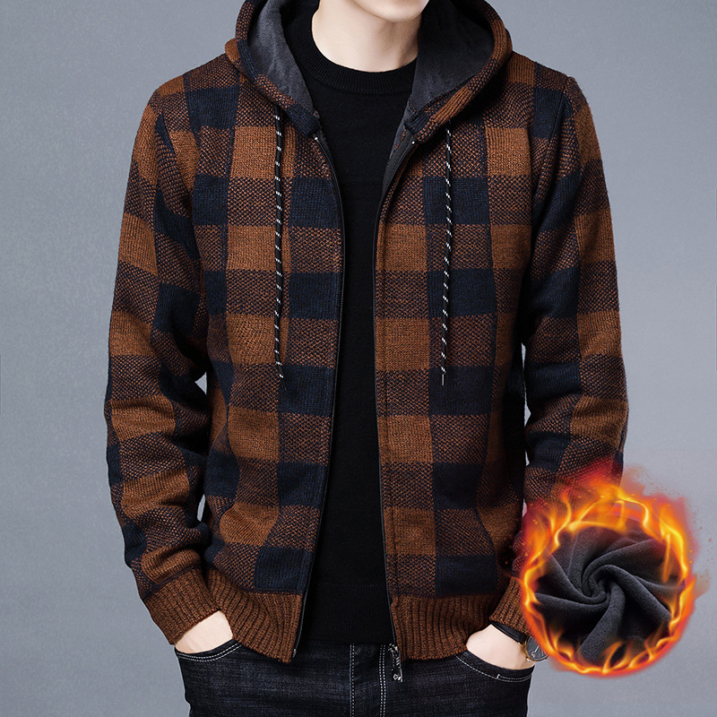 Winter 2022 New Men’s Fleece Thickened Cardigan Knit Sweater / Male Loose Warm Hooded Add Wool Jacket Coat alx