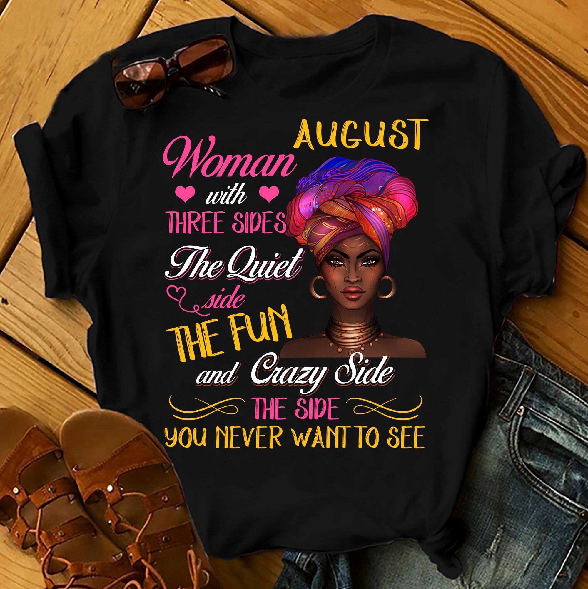 August Woman With Three Sides Shirts Women, Birthday T Shirts, Summer Tops, Beach T Shirts