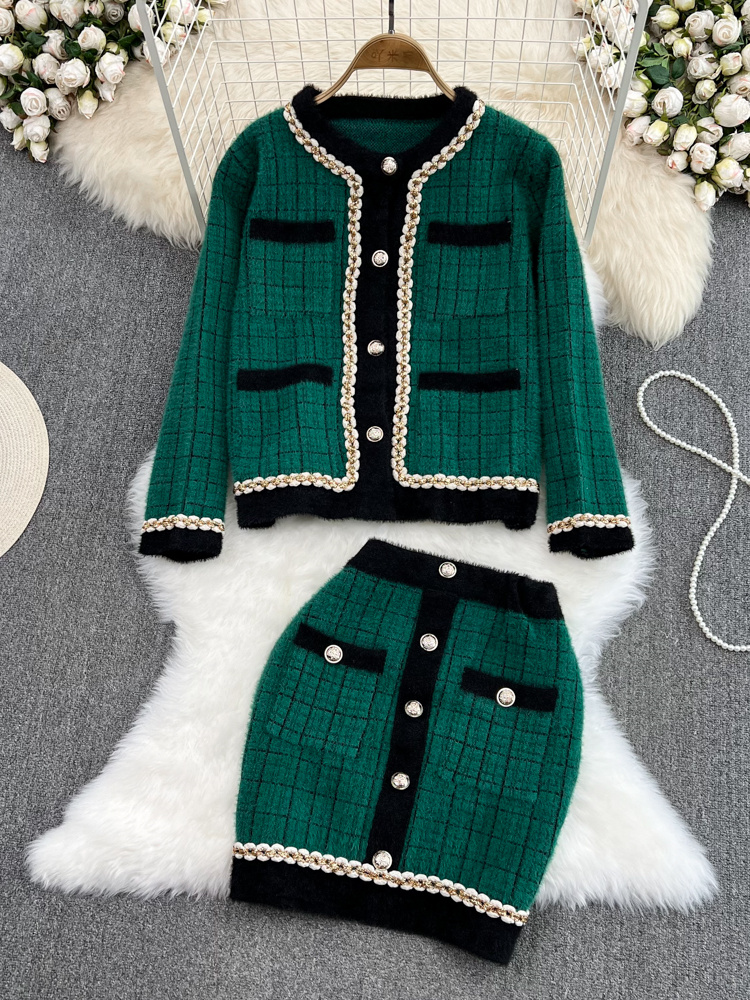 Soft Imitation Mink Fleece Sweater Skirt Suits Female Fall Winter Retro Plaid Knitted Cardigan Mini Skirt Women Two Piece Set alx