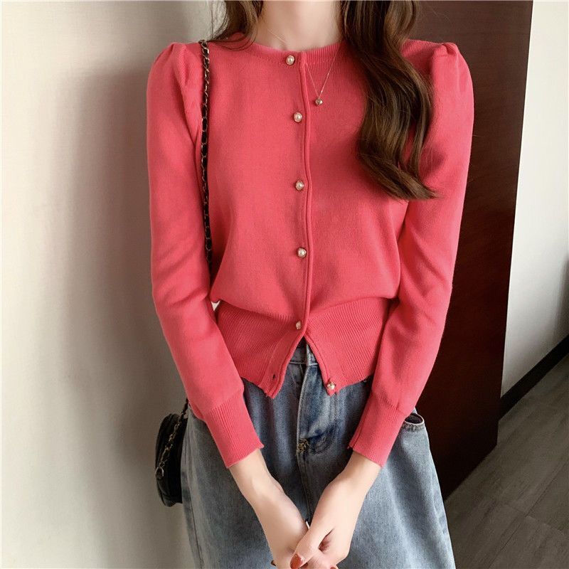 2022 Women Cardigan Ladies Tops Female Knitted Sweater Puff Sleeve Teen Girls Button Up Short Coat Jacket Autumn Winter Clothes alx