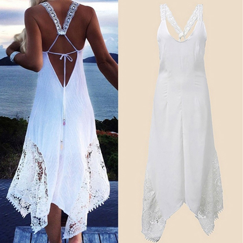 Bigsweety Women Lace Patchwork Sleeveless Backless Dress Summer Sexy Strapless Lace-Up Beach Dress Beachwear Women Lace Vestidos alx