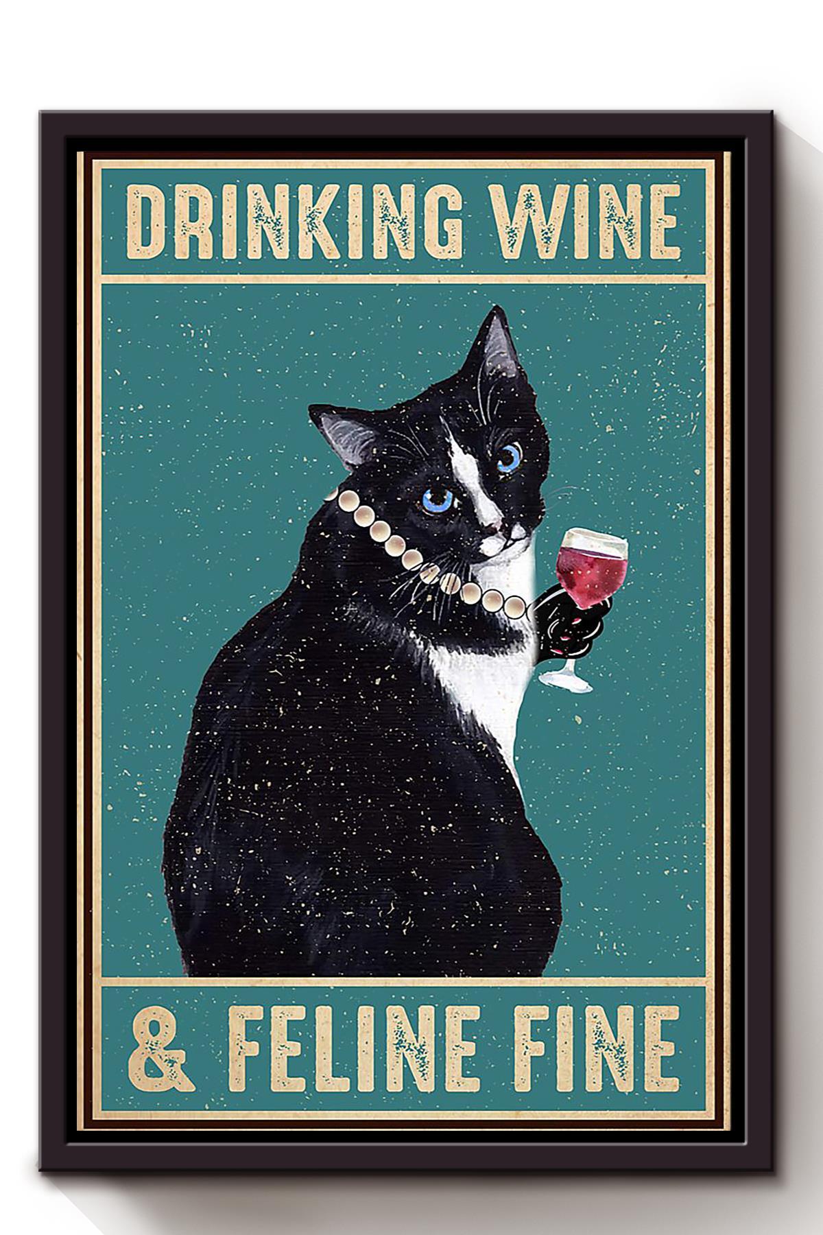 Cat Drinking Wine Feline Fine Animal Wall Art Gift For Cat Lover International Cat Day Kitten Foster Pub Decor Framed Canvas