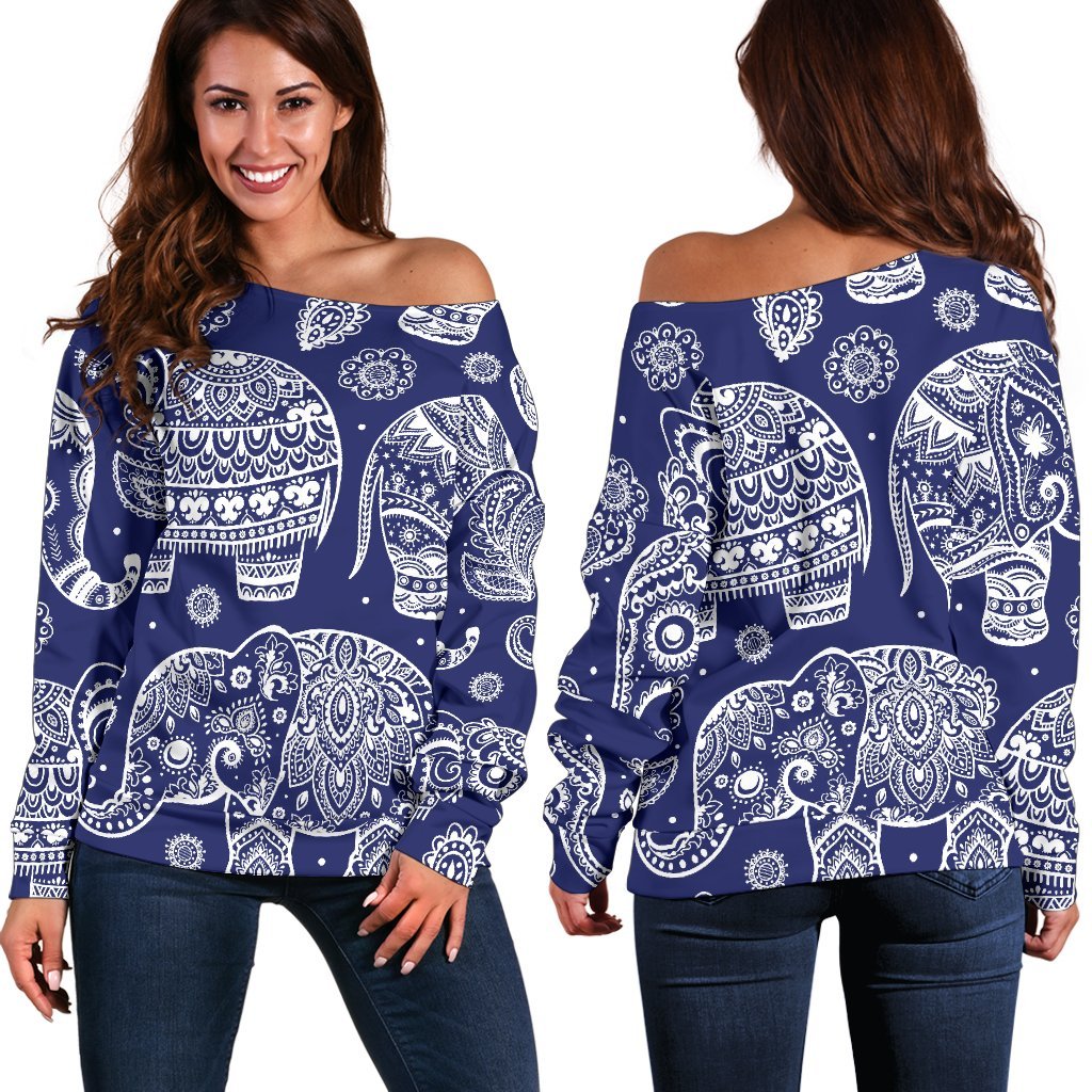 White Elephant Mandala Off Shoulder Sweatshirt