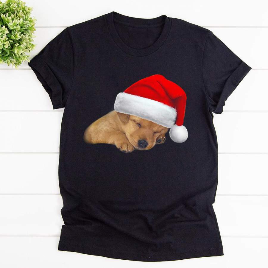 Christmas cute yellow lab puppy shirt dog santa hat black cotton t shirt for men and women S-6XL