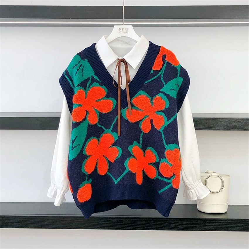 Autumn Winter Floral Vintage Sweater Vest Women V-neck Knitted Waistcoat Female Sleeveless Oversized Outwear Pull Femme alx