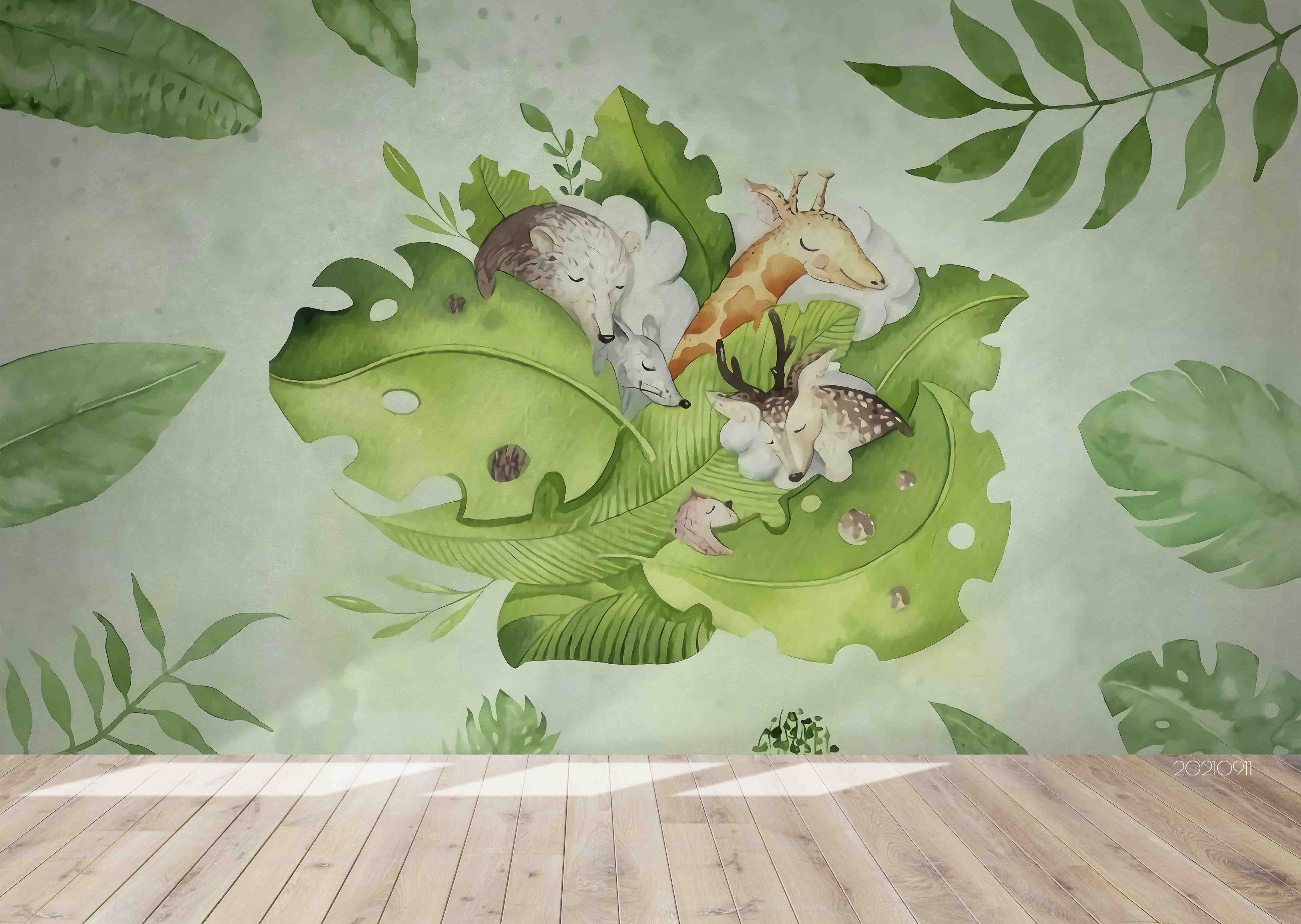 3D Hand Drawn Green Leaf Animal Wall Mural Wallpaper Lqh 710