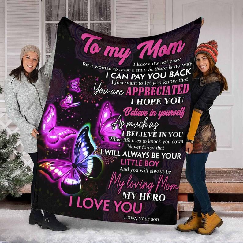 To My Mother My Hero Mom I Love You Fleece Blanket Gift For Family,Birthday,Mother,Butterflies Lover Gift Home Decor Bedding Couch Sofa Soft And Comfy Cozy