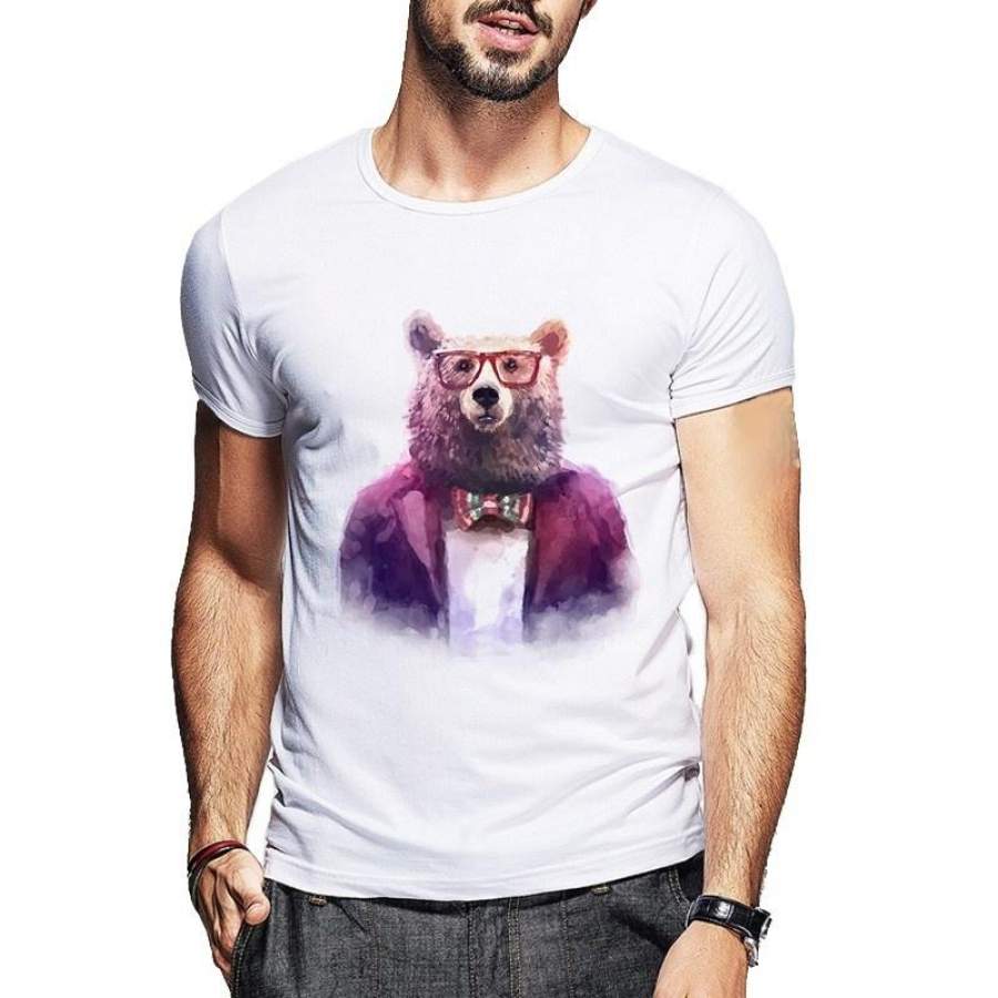 2017 Summer Hand-Painted Animal Bear Printing Men’S T-Shirt Fashion White Round Neck Cotton White T-Shirt