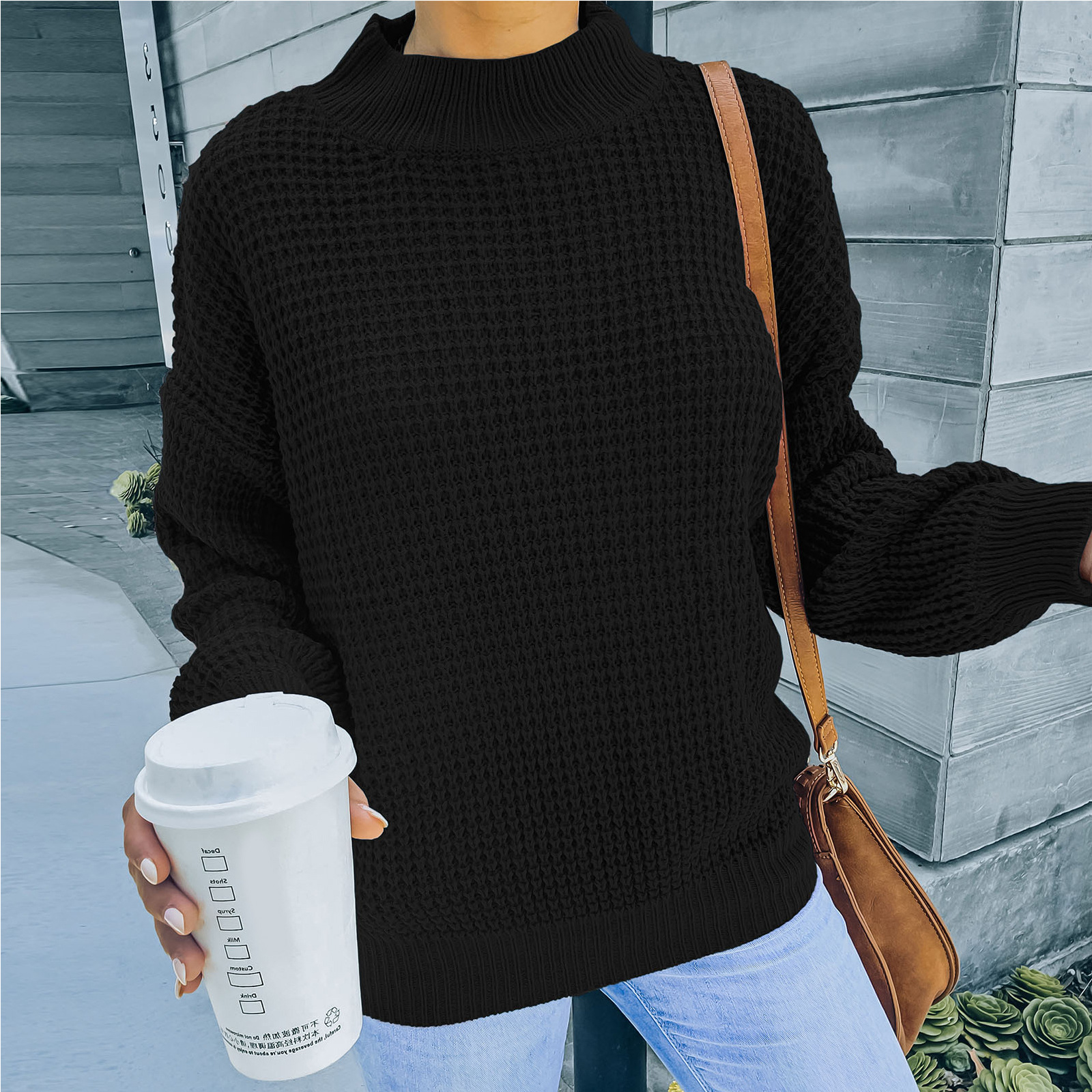 Women’s autumn winter European and American women’s 2022 new semi-high collar long sleeve loose sweater alx