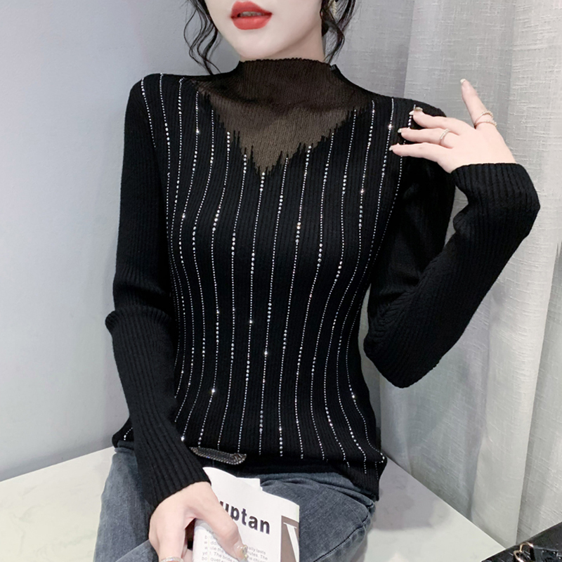 Autumn Winter Mesh Patchwork Knitted Pullovers Hollow Out Hot Drilling Sweater Womens Sexy Bottoming Knit Shirt Long Sleeve Tops alx