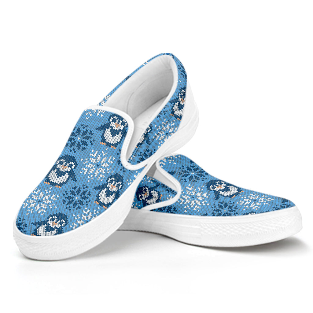 Snowy Penguin Knitted Pattern Print White Slip On Shoes