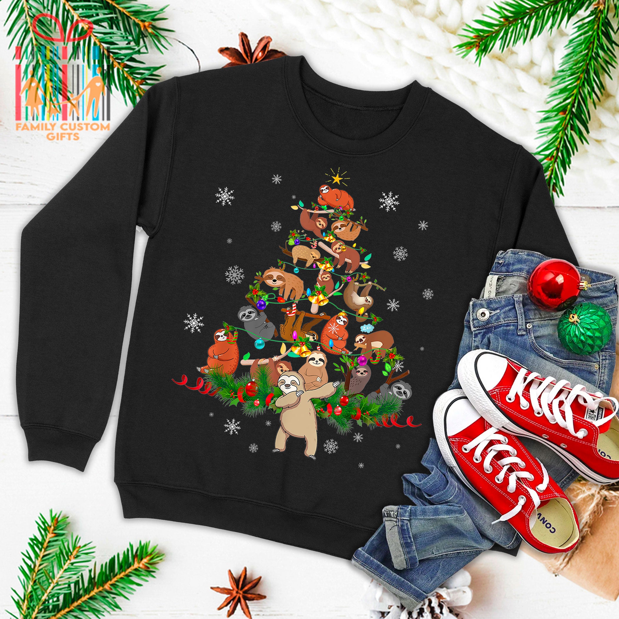 Sloths Christmas Tree Lights Funny Sloths Xmas Gift Ugly Christmas Sweater T-Shirt