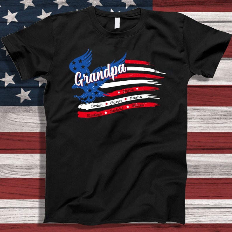 Personalized Grandpa Shirt, Custom Name, Grandpa Shirt Eagle Usa Flag Grandchild Names, Custom Shirts Fathers Day 4Th Of July Papa Gift