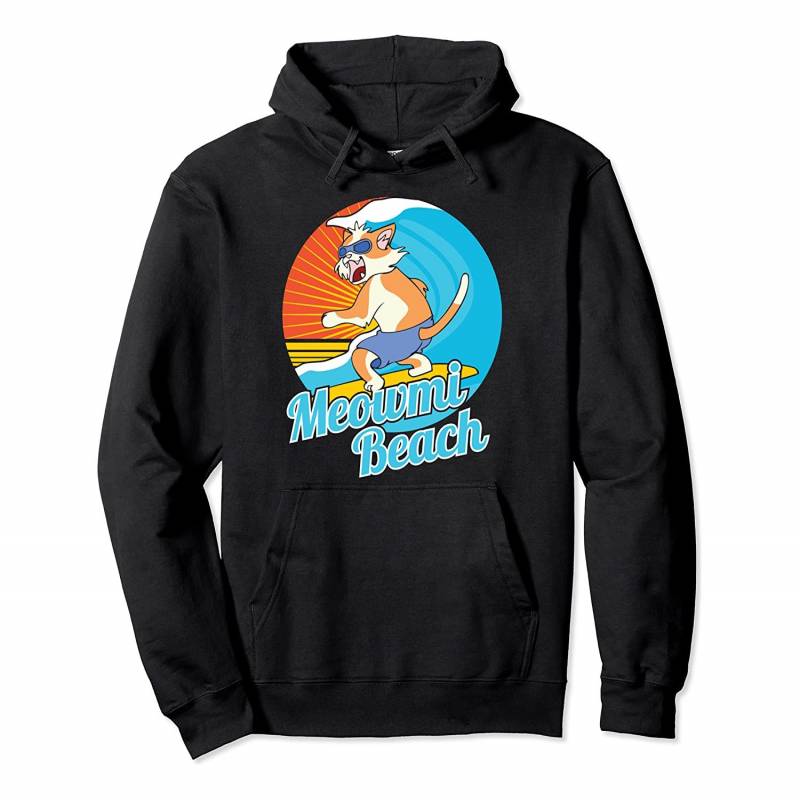 Meowmi Beach Cat Surfing Wave Vintage Sunset Kitten Surfer Pullover Hoodie, T Shirt, Sweatshirt