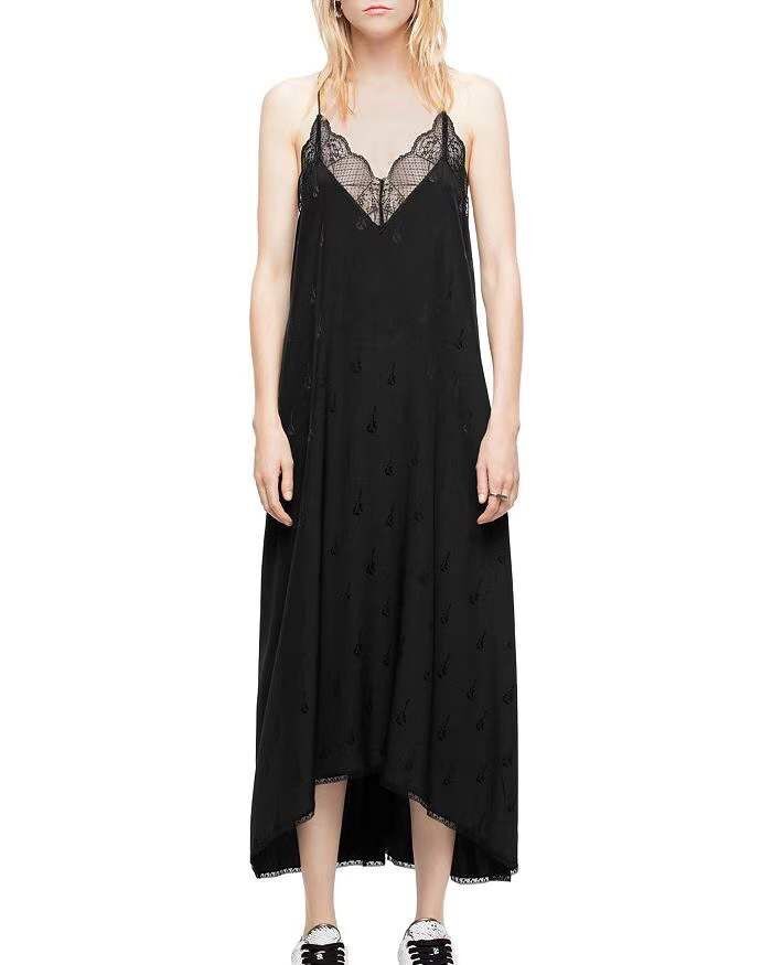 Women Black Lace Sling Dress 2021 Spring Summer Violin Jacquard Silk Irregular Lace Trim Mid-calf Spaghetti Strap Robes alx