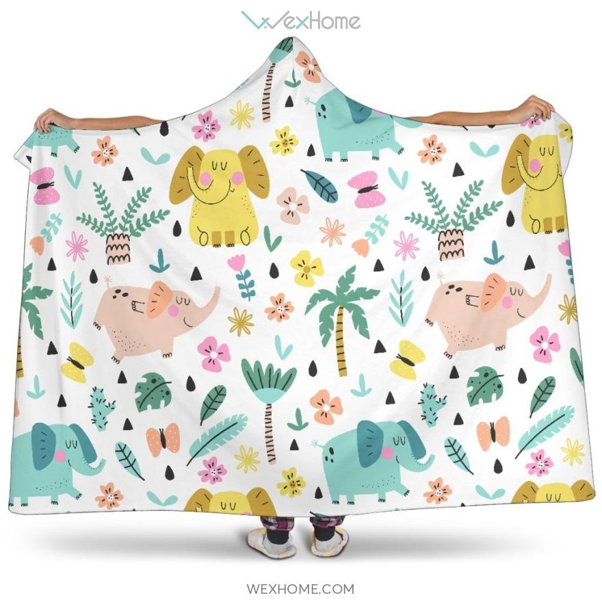 Cute Elephants Palm Tree Flower Butterfly Pattern Hooded Blanket