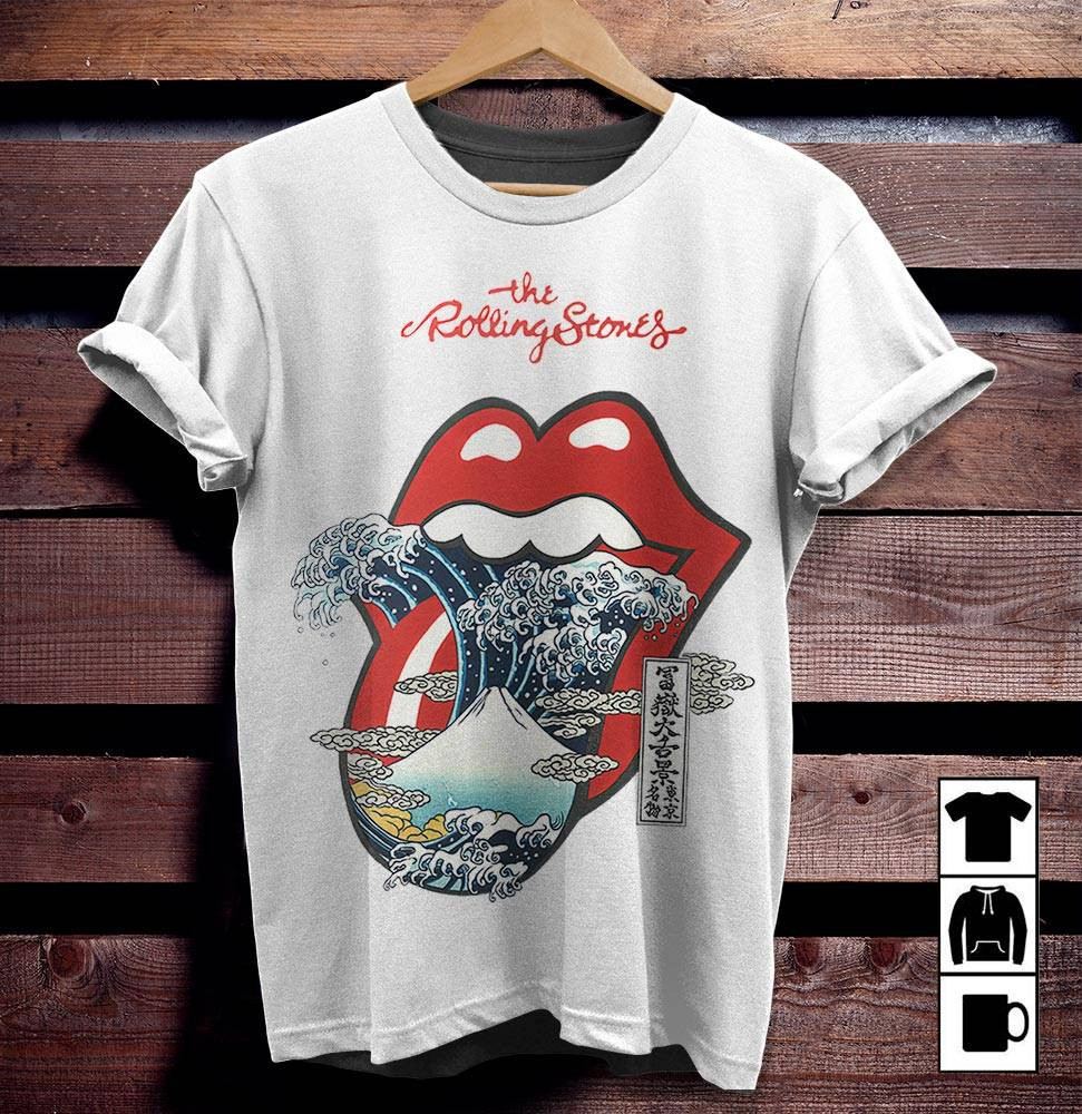 The Rolling Stones Merch Big Red Tongue Great Wave Fuji Mountain Tattoo Japan Style Tshirt Sweatshirt Hoodie – White