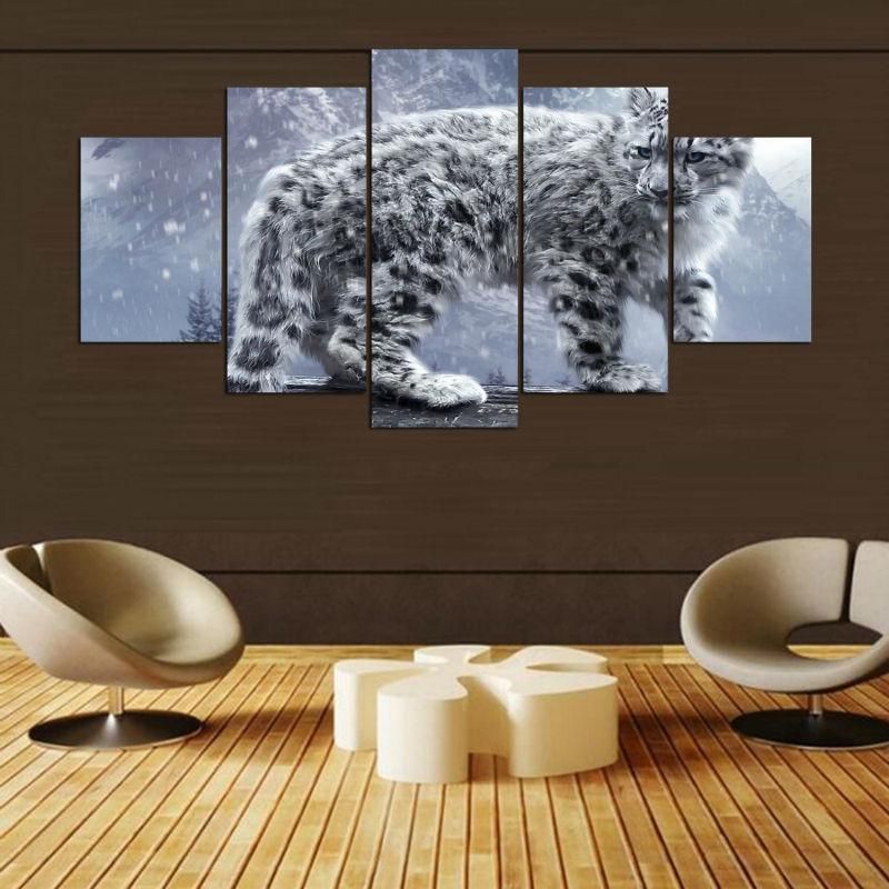 White Leopard Animal 5 Panel Canvas Art Wall Decor