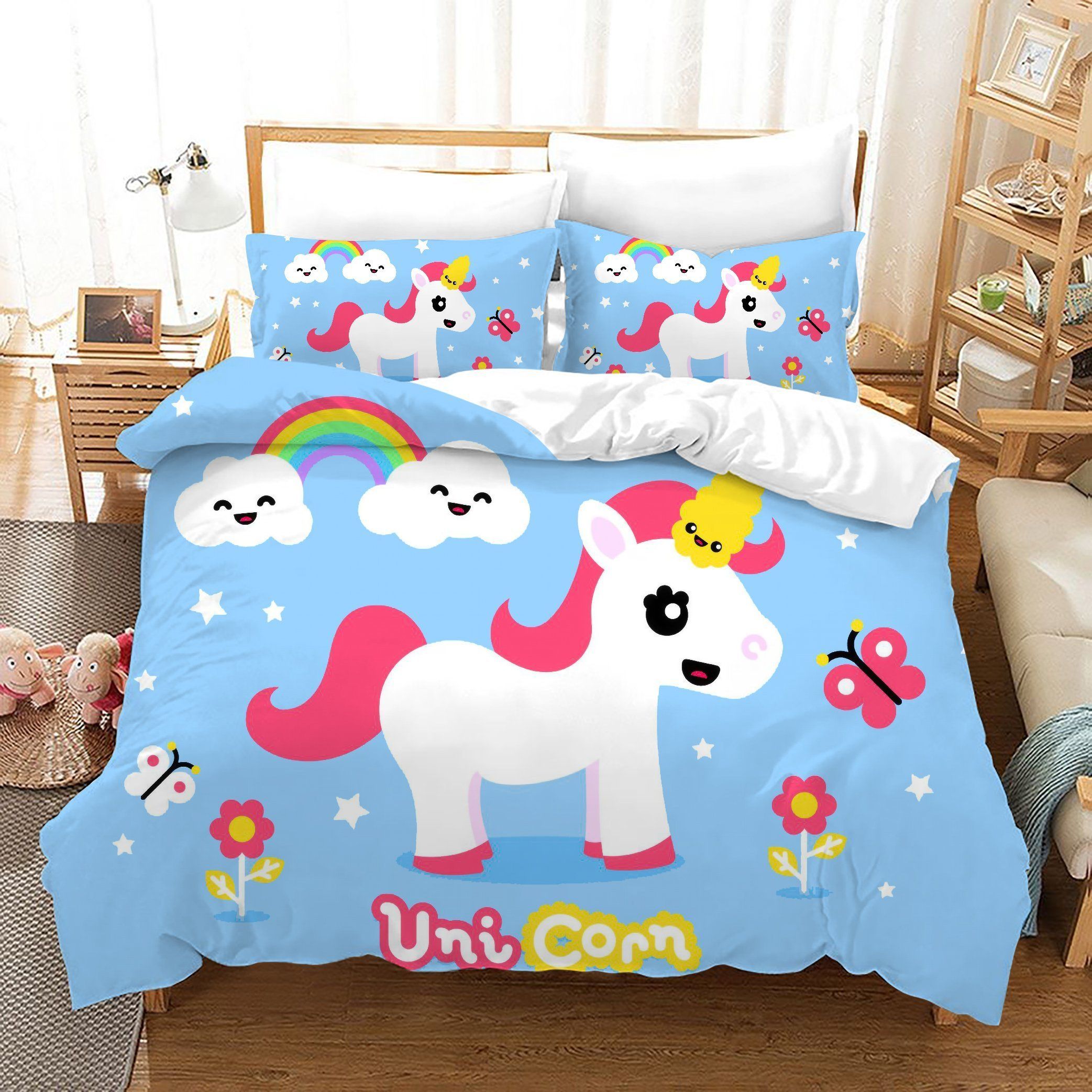 3D Blue Floral Butterfly Rainbow Cartoon Unicorn Bedding Set Bedroom Decor