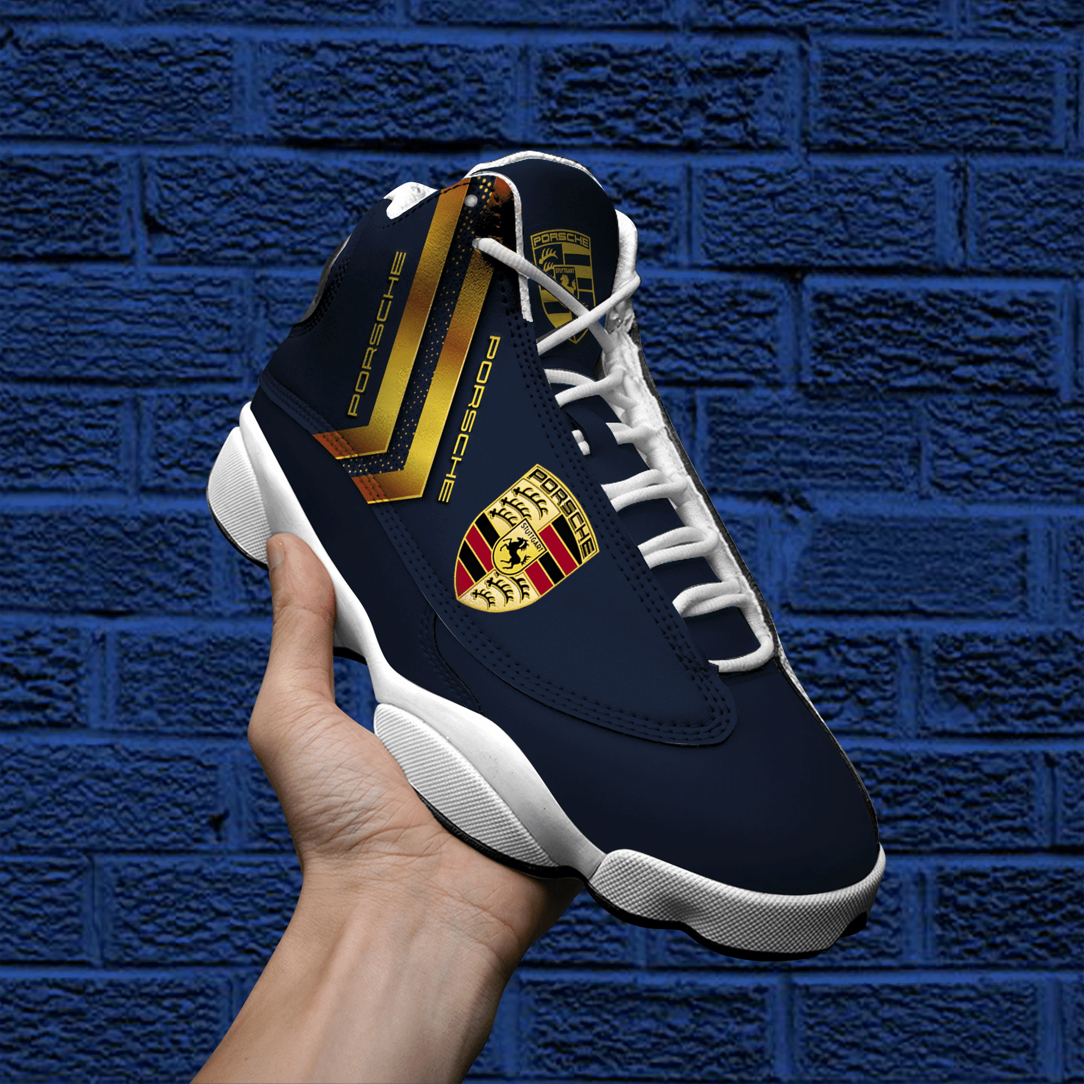 Navy And Gold Porsche Logo Air Jordan 13 Printing Shoes Sneaker