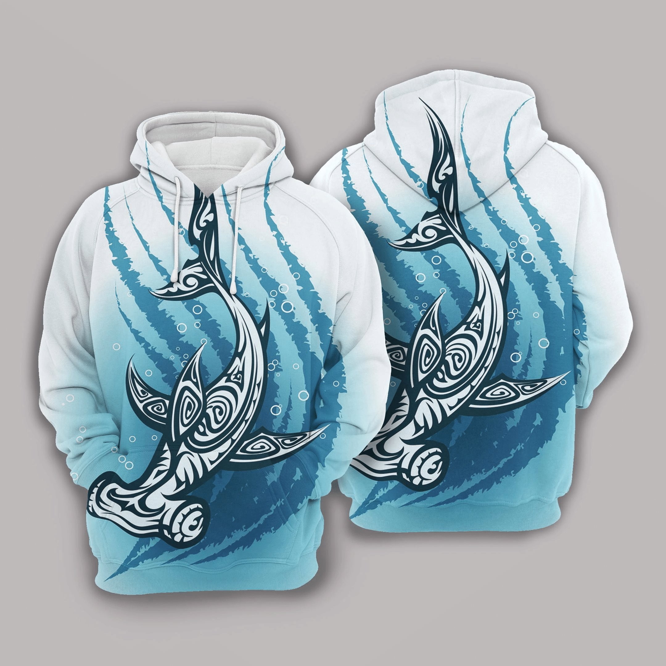 Shark Hoodie Hammerhead Shark Polynesian Style Blue White Hoodie Shark Week Apparel Adult Unisex Full Print