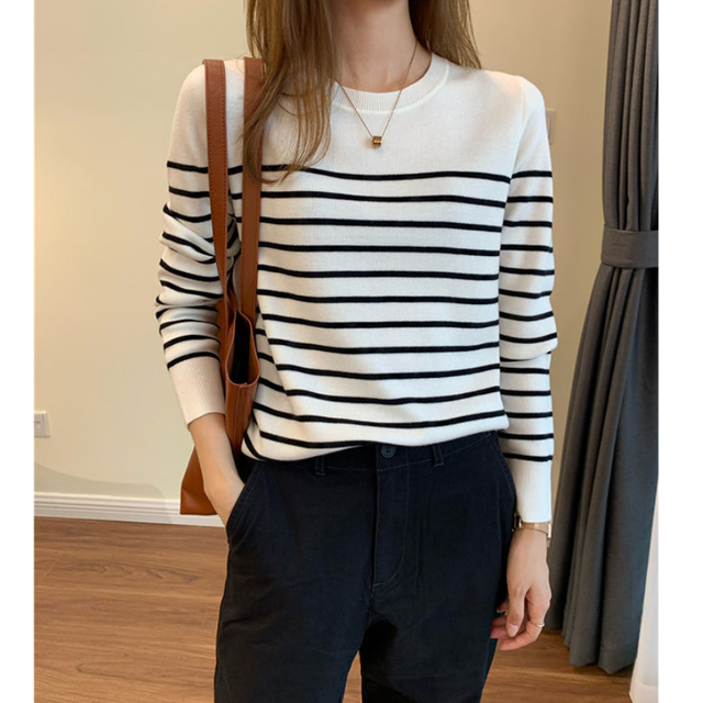 Spring 2022 New Striped Knit Sweater For Women In Autumn And Winter With Bottom Top Round Neck Top alx