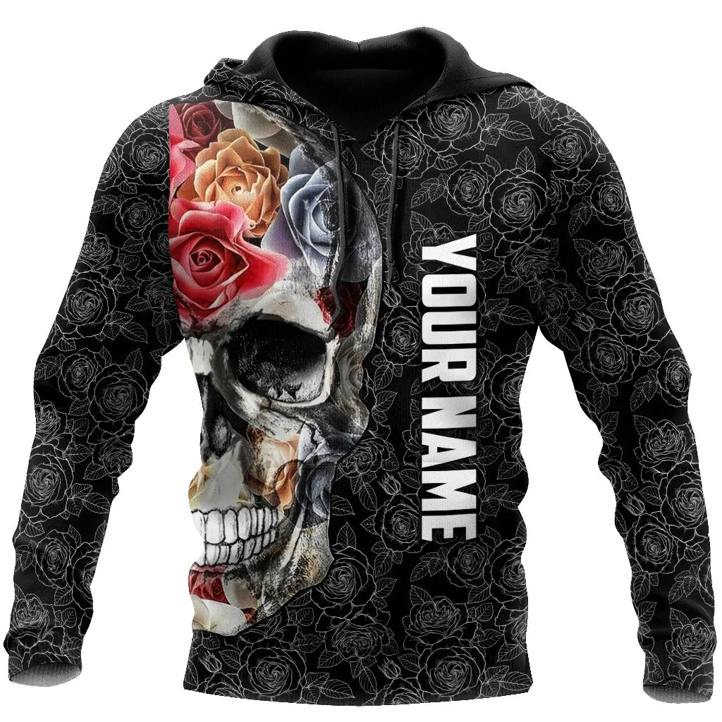 Customized Name 3D All Over Print Flower Skull On Hoodie, Sublimation Floral Skull Pattern On Hoodies