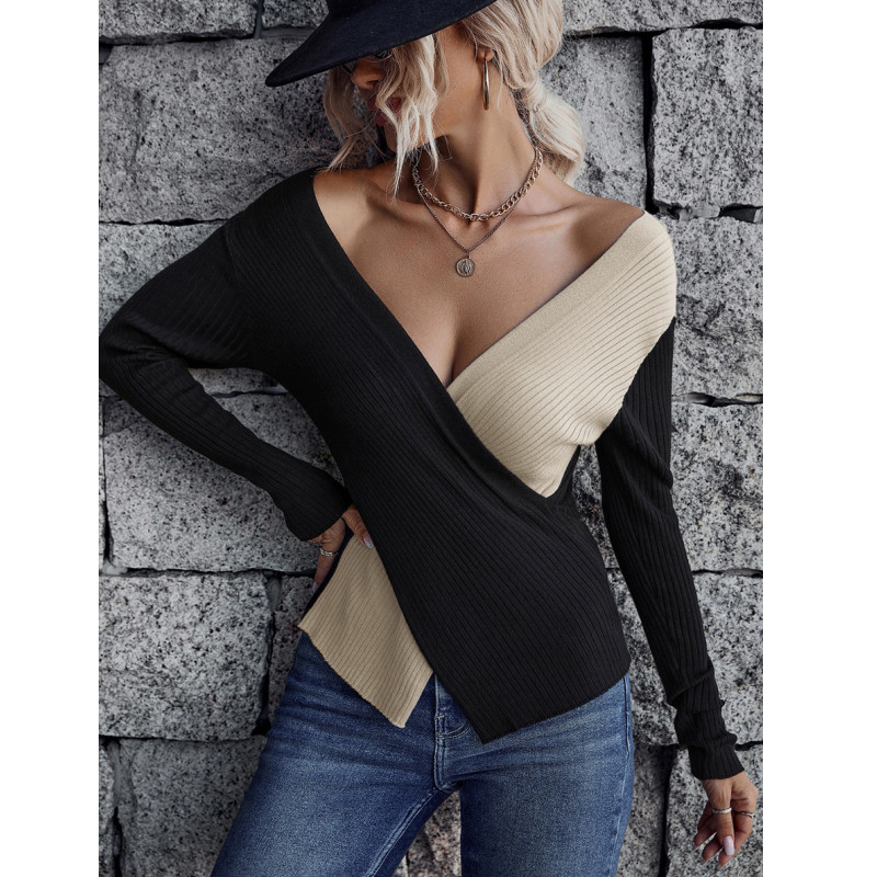 Autumn Winter Women’s Fashion Long Sleeve Sexy V Neck Knitted Pullover Sweater Casual Color-matched Crossover Ribbed Jumpers Bas alx