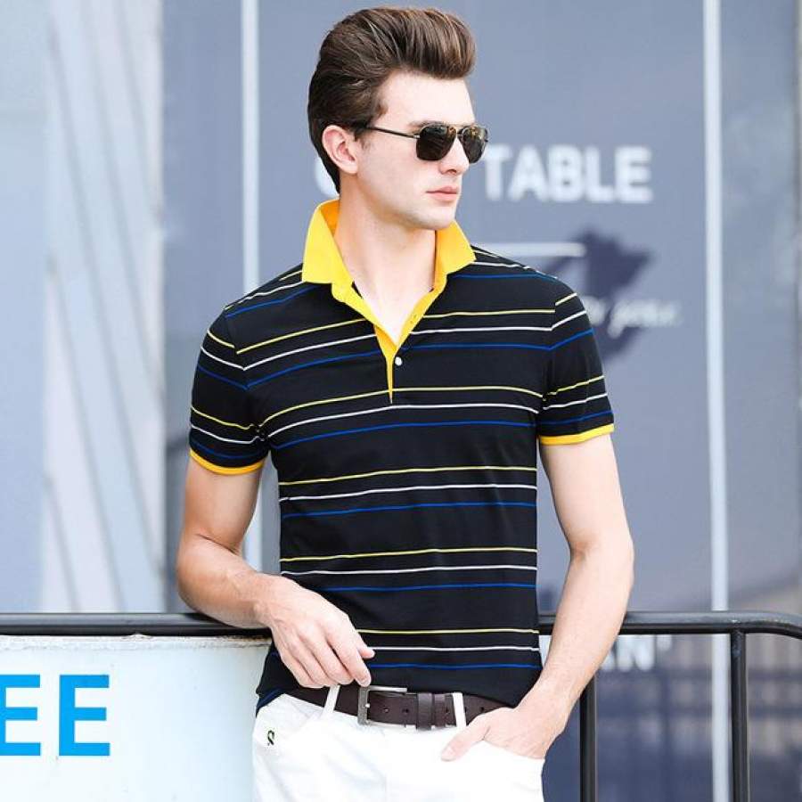Mens Summer Striped Slim Fit Men Polo Shirt Short Sleeve Business Casual