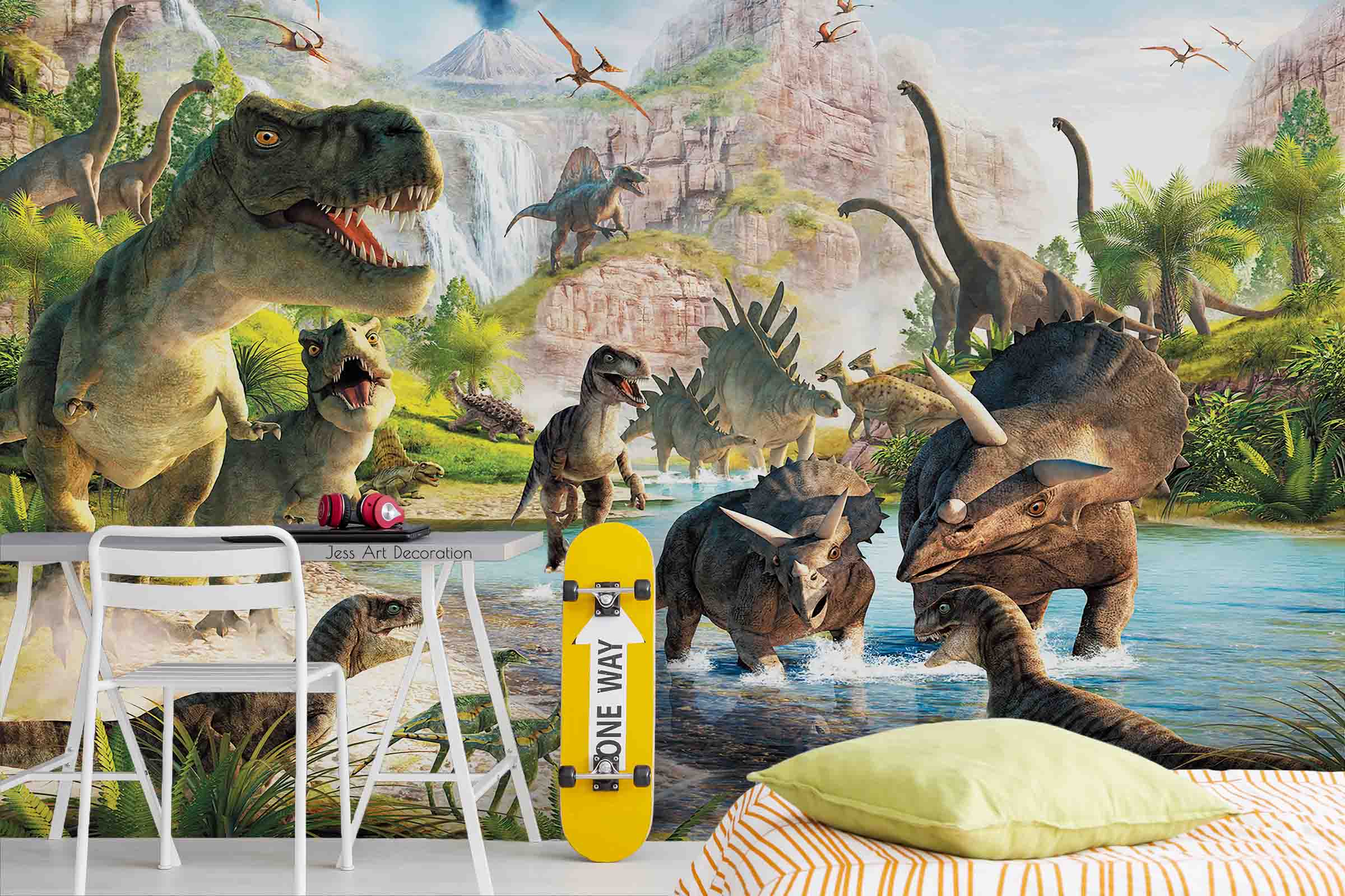 3D Dinosaur Lake Mountain Tropical Plant Wall Mural Wallpaper Gd 2744