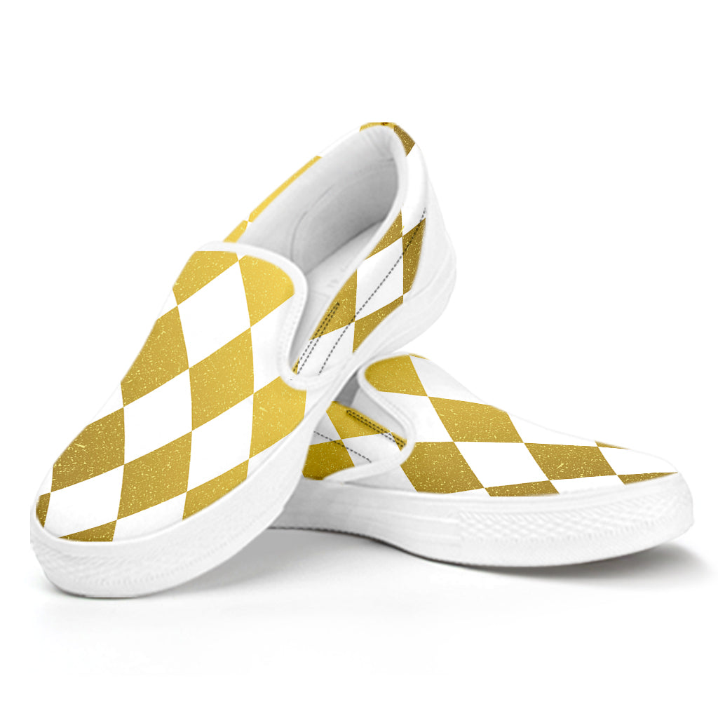 White And Gold Harlequin Pattern Print White Slip On Shoes