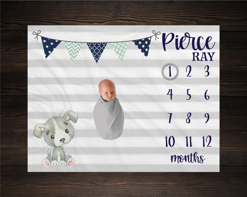 Puppy Dog Milestone Blanket, Monthly Growth Tracker, Baby Shower Gift For Mom To Be, Personalized Puppy Blanket, Custom Baby Gift