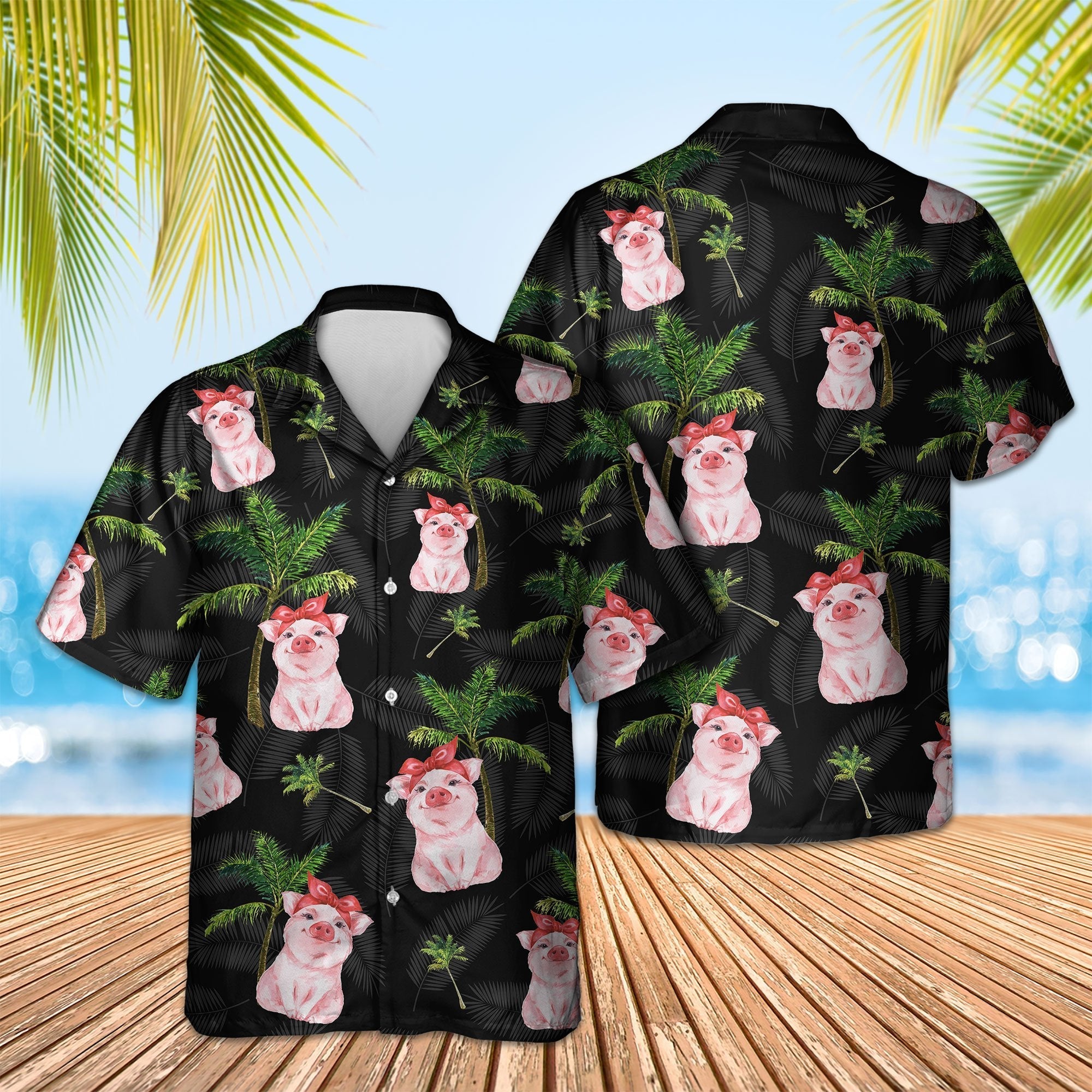 Pig Tropical Coconut Trees Hawaii Unisex Print Aloha Short Sleeve Casual Shirt Ha24024