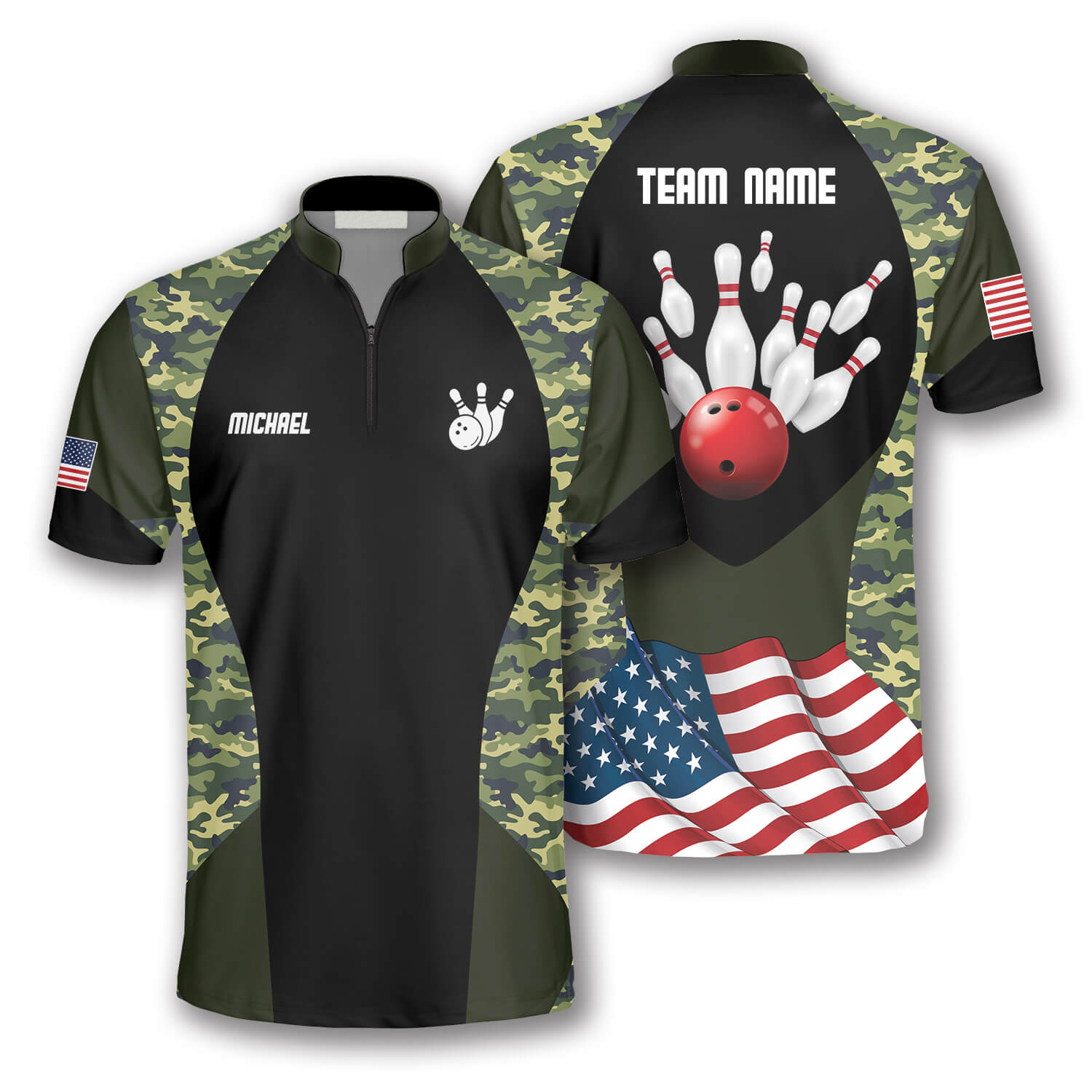 Strike Camouflage Waving Flag Custom Bowling Jerseys For Men, Personalized Name Bowling Shirt