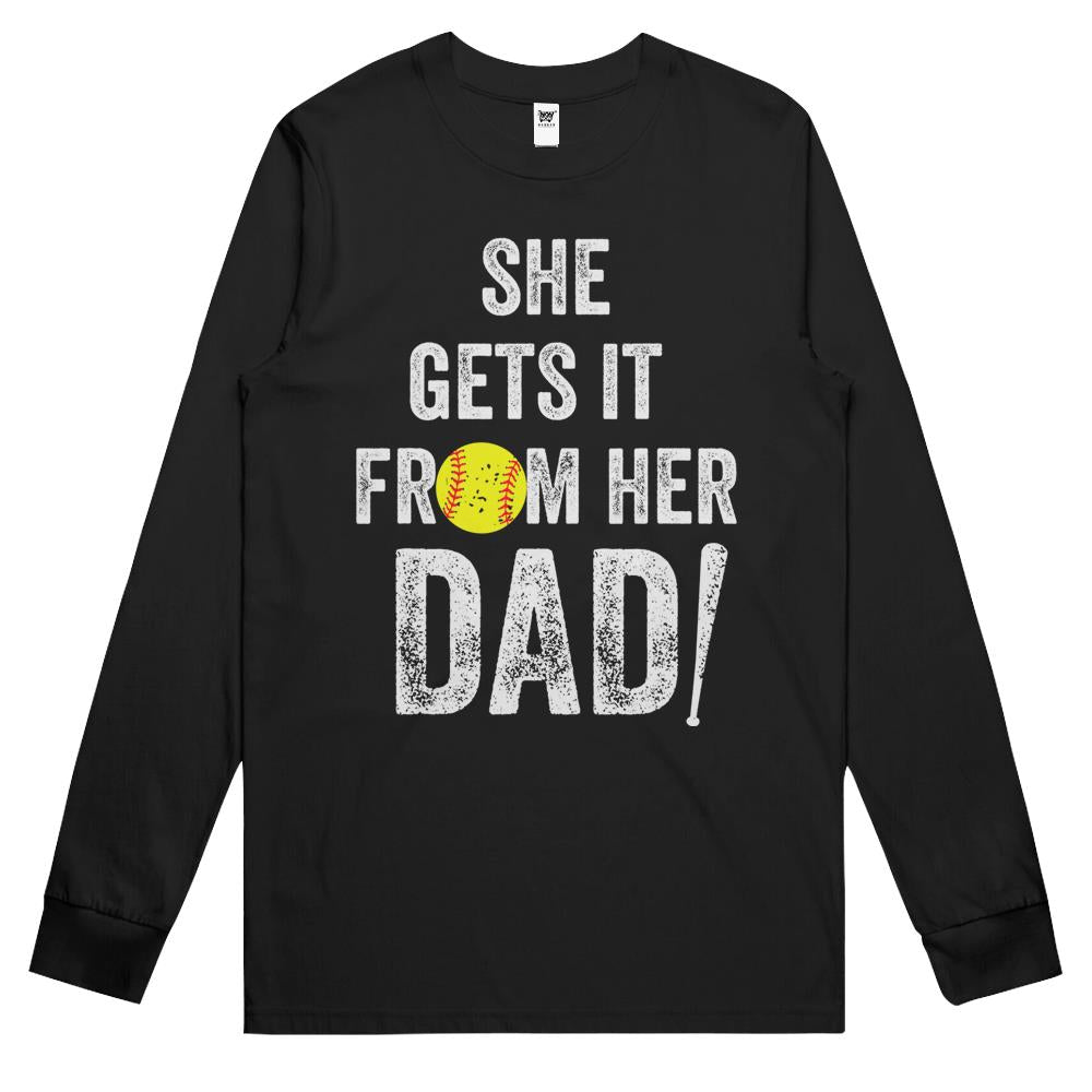 Softball Dad Shirts, Softball Dad Long Sleeve Long Sleeve T Shirtss, Mens She Gets It From Her Dad Vintage Long Sleeve T Shirts Softball Dad Gift Long Sleeve T Shirts Printfushion