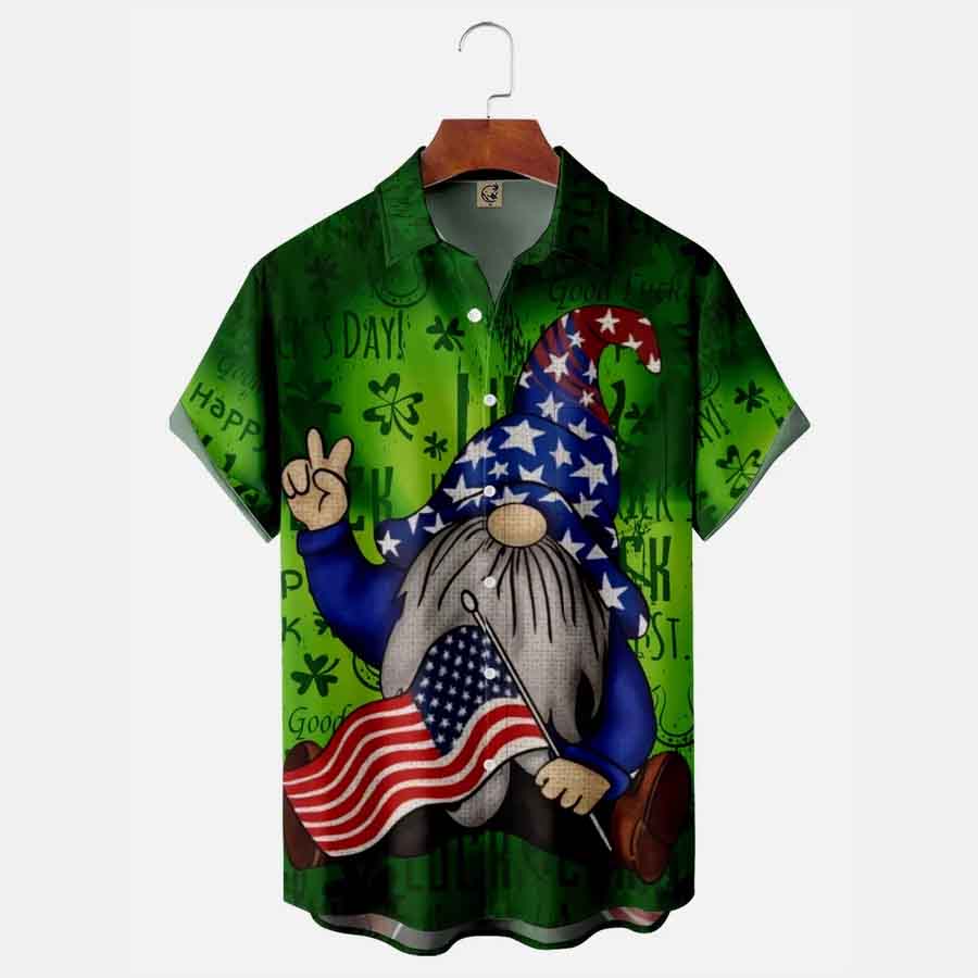 St Patrick’S Day Shamrock Gnome Short Sleeve Hawwaiian Shirt