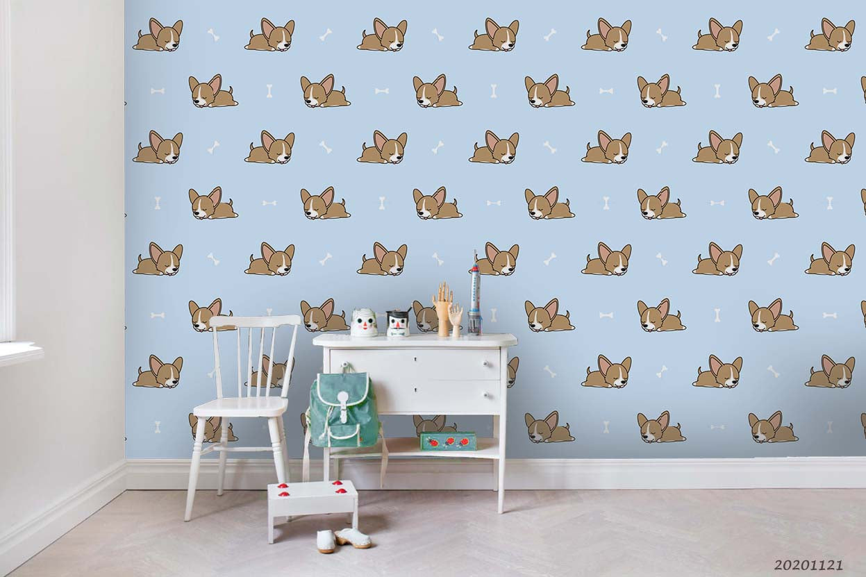 3D Cartoon Animal Puppy Blue Wall Mural Wallpaper Lqh 17