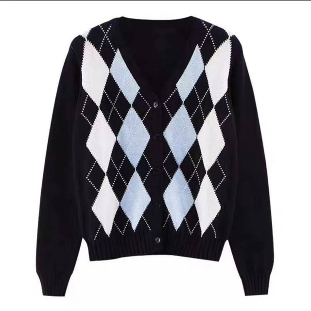 Black Argyle Women Cardigan Sweater Fashion Button V Neck Long Sleeve Knitted Plaid Sweater Street Wear Female Thin Jacket alx